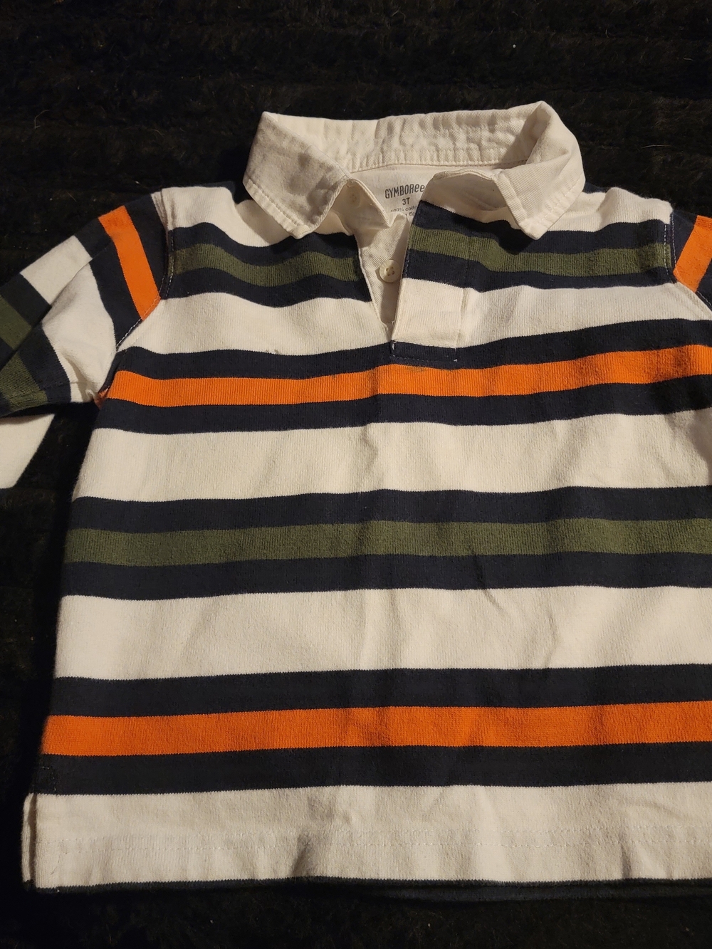 Gymboree White Rugby Polo with Navy, Orange & Olive Stripes